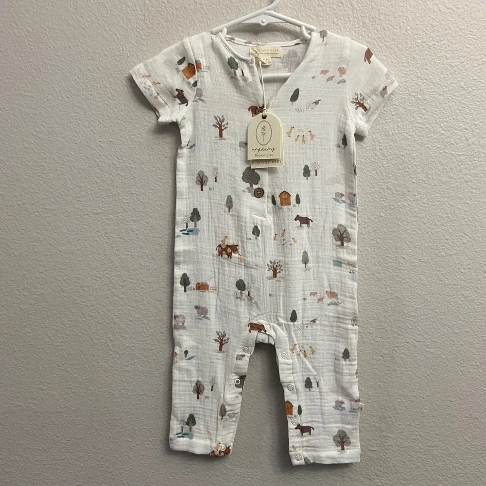 Elegant Baby‎ Kids 6-9M Cream Farm Animal Romper NEW Organic Cotton Muslin Barn